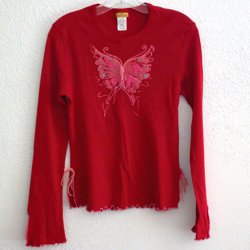 Cleo Casual, Red butterfly long sleeve blouse, 100% cotton
